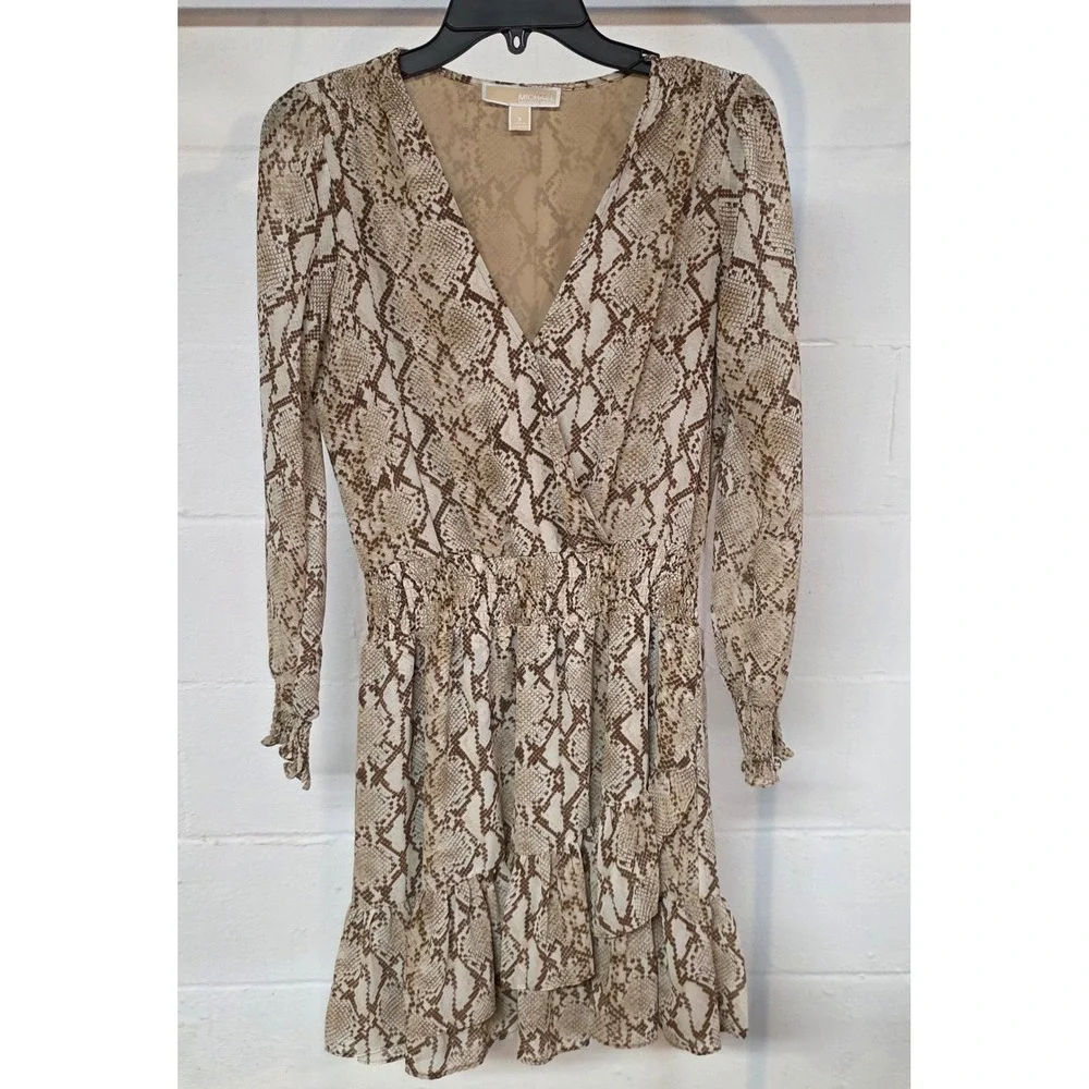 Michael Kors Womens Small Georgette Smocked Mini Dress Snakeskin Print
